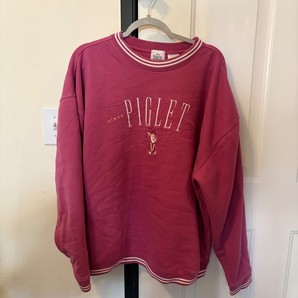 Disney Winnie the Pooh Piglet Sweatshirt Pink Embroidered Varsity XL